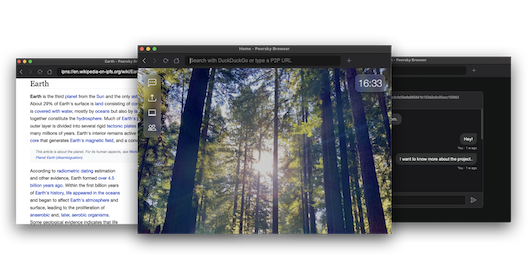 Peersky, displaying multiple overlapping windows. The foreground window shows a search bar with DuckDuckGo, while the background contains a Wikipedia page on ipns:// about Earth and a private hyper:// chat. The central window features a scenic forest image with sunlight filtering through tall trees, and a clock
